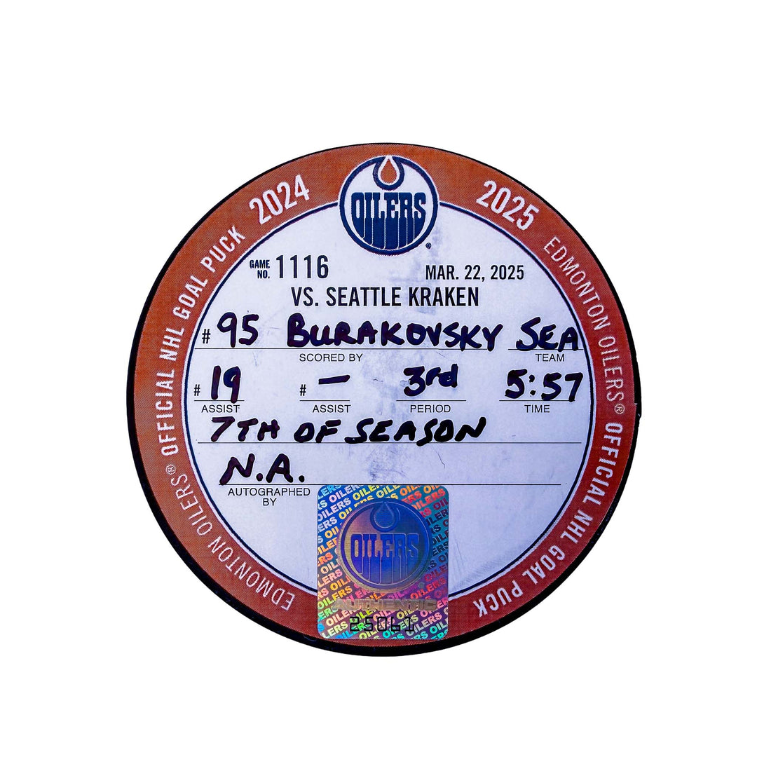 Andre Burakovsky Seattle Kraken Goal Puck - Mar. 22/2025 vs Edmonton Oilers #25061