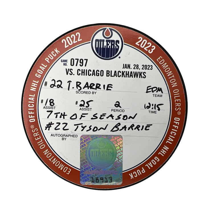 Tyson Barrie Edmonton Oilers Autographed Goal Puck - Jan. 28/2023 vs Chicago Blackhawks #18913