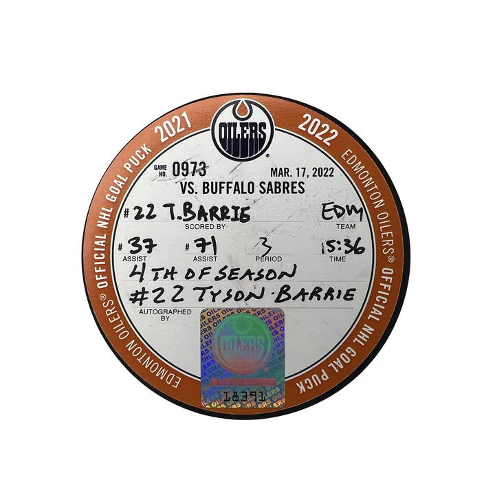 Tyson Barrie Edmonton Oilers Autographed Goal Puck - Mar. 17/2022 vs Buffalo Sabres #18391