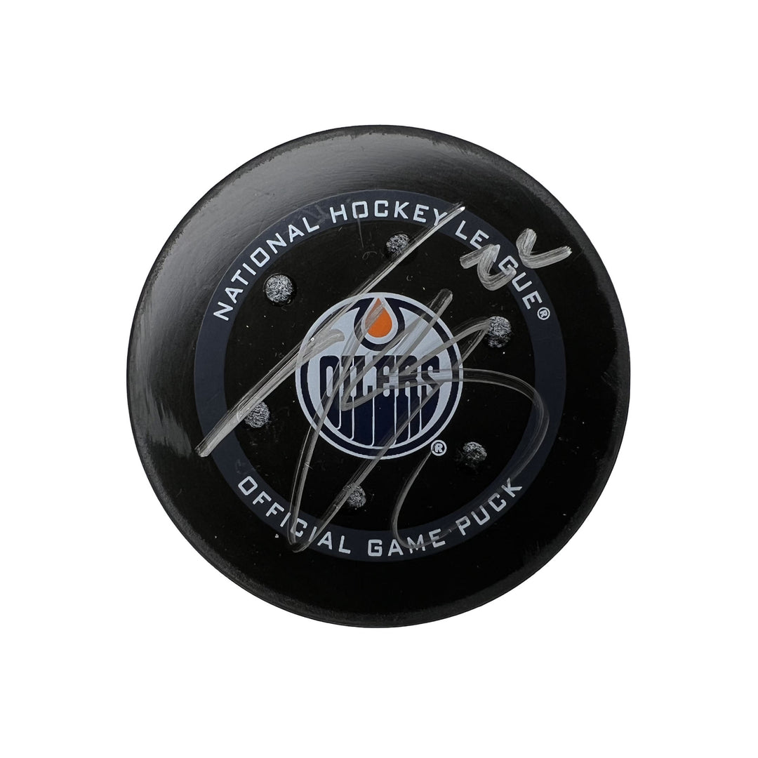 Tyson Barrie Edmonton Oilers Autographed Goal Puck - Mar. 19/2022 vs New Jersey Devils #18398