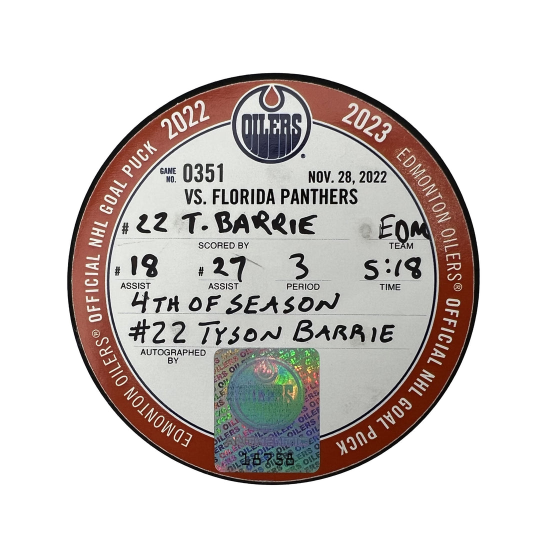 Tyson Barrie Edmonton Oilers Autographed Goal Puck - Nov. 28/2022 vs Florida Panthers #18758
