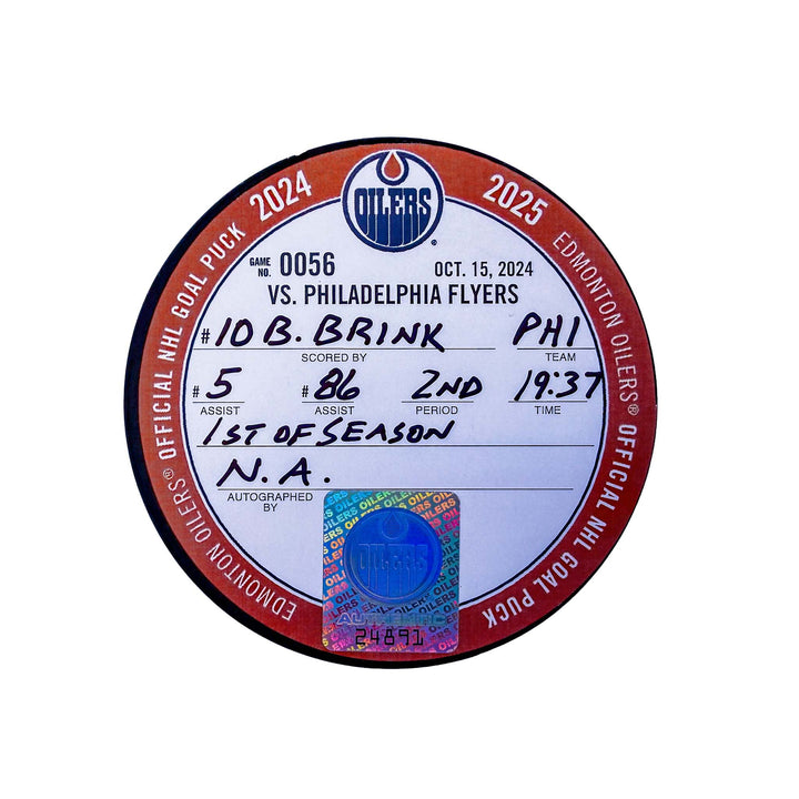 Bobby Brink Philadelphia Flyers Goal Puck - Oct. 15/2024 vs Edmonton Oilers #24891