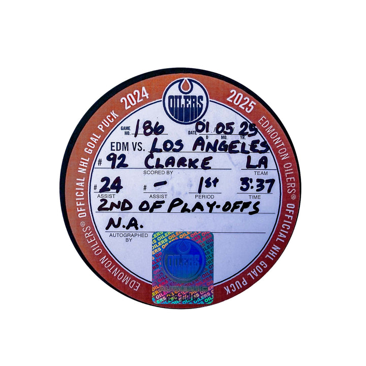 Brandt Clarke Los Angeles Kings Playoff Goal Puck - May. 5/2025 vs Edmonton Oilers #25106
