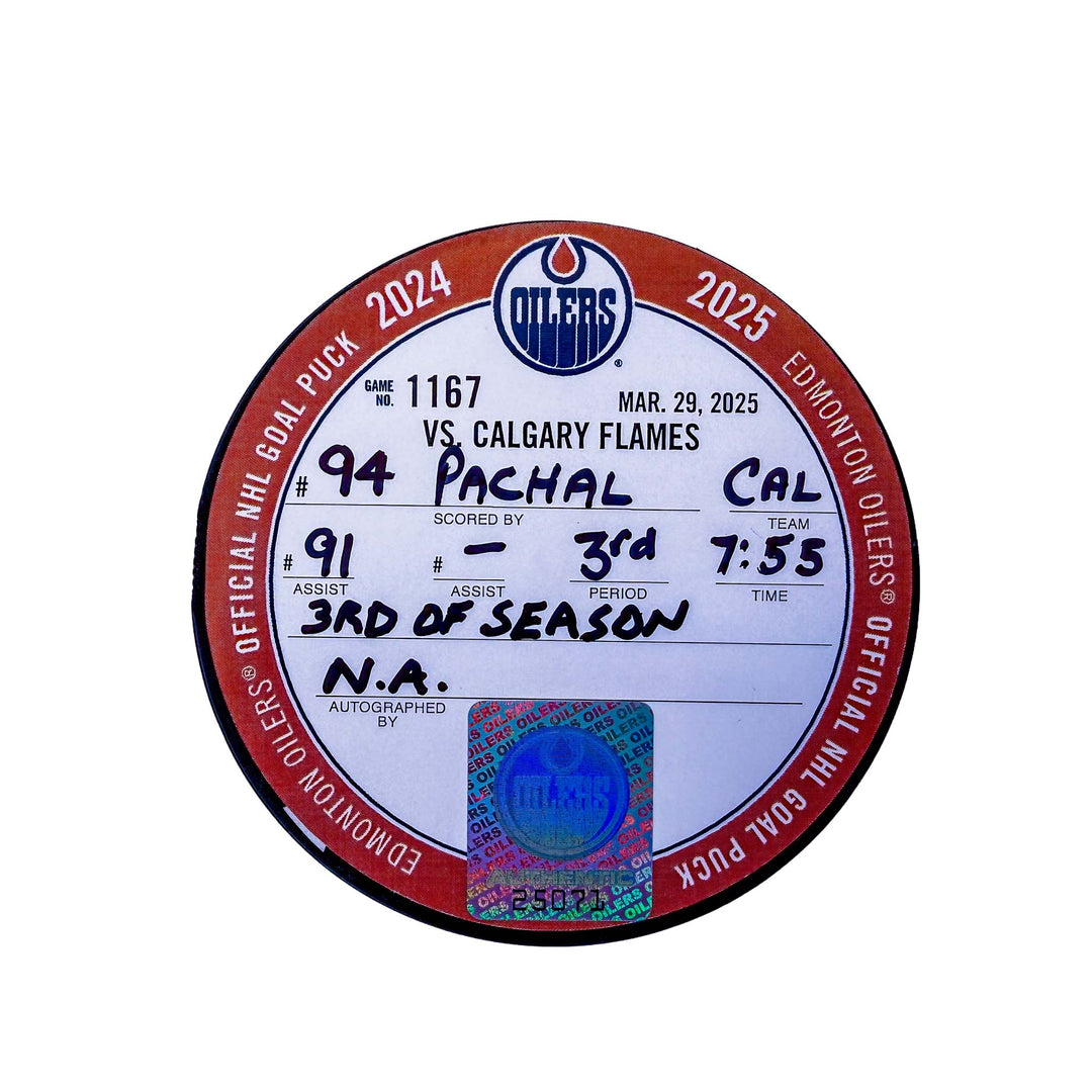 Brayden Pachal Calgary Flames Goal Puck - Mar. 29/2025 vs Edmonton Oilers #25071
