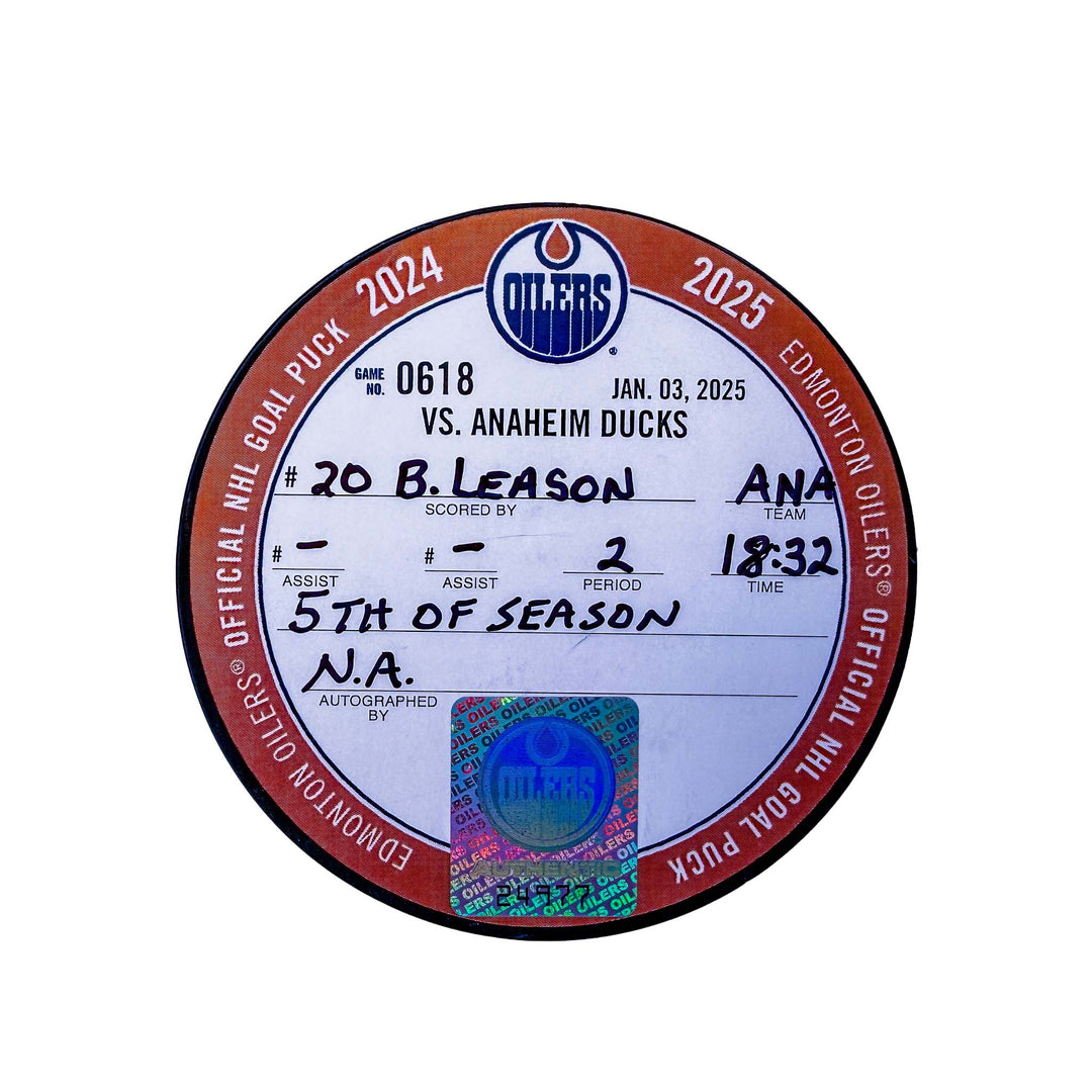 Brett Leason Anaheim Ducks Goal Puck - Jan. 3/2025 vs Edmonton Oilers #24977