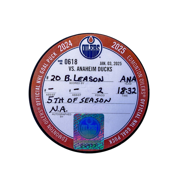 Brett Leason Anaheim Ducks Goal Puck - Jan. 3/2025 vs Edmonton Oilers #24977