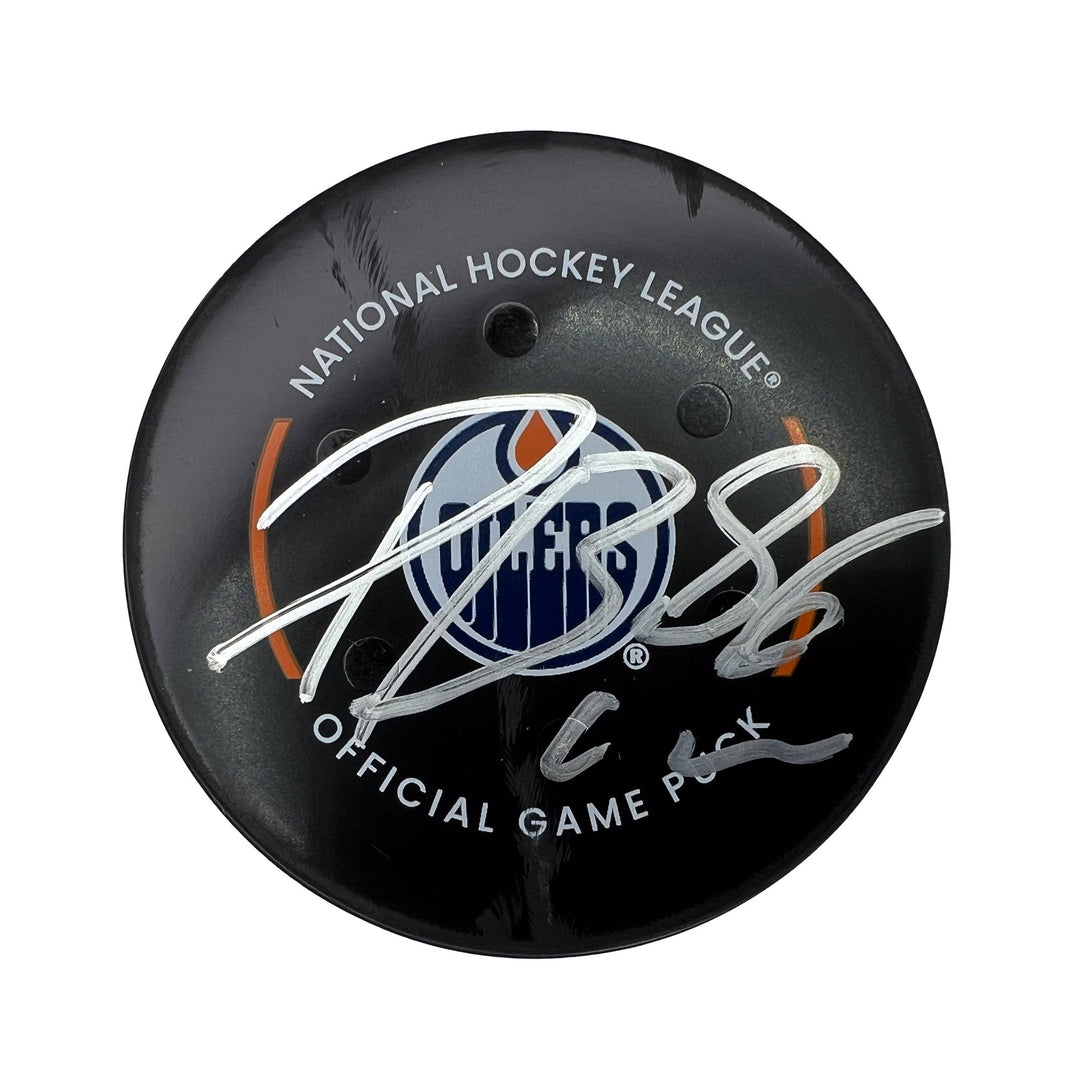 Philip Broberg Autographed Edmonton Oilers Game Used Puck - Feb. 15/2023 vs Detroit Red Wings