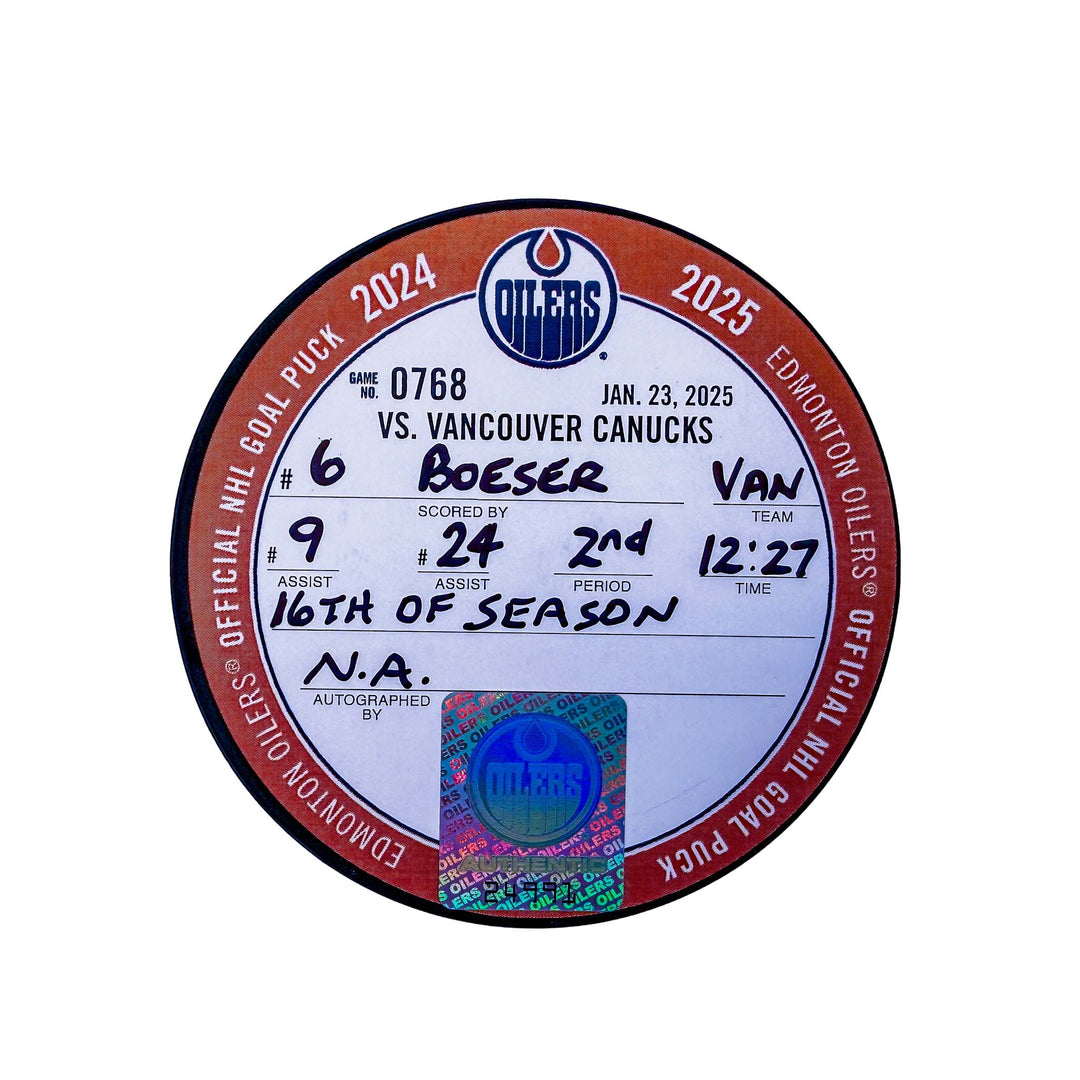 Brock Boeser Vancouver Canucks Goal Puck - Jan. 23/2025 vs Edmonton Oilers #24991