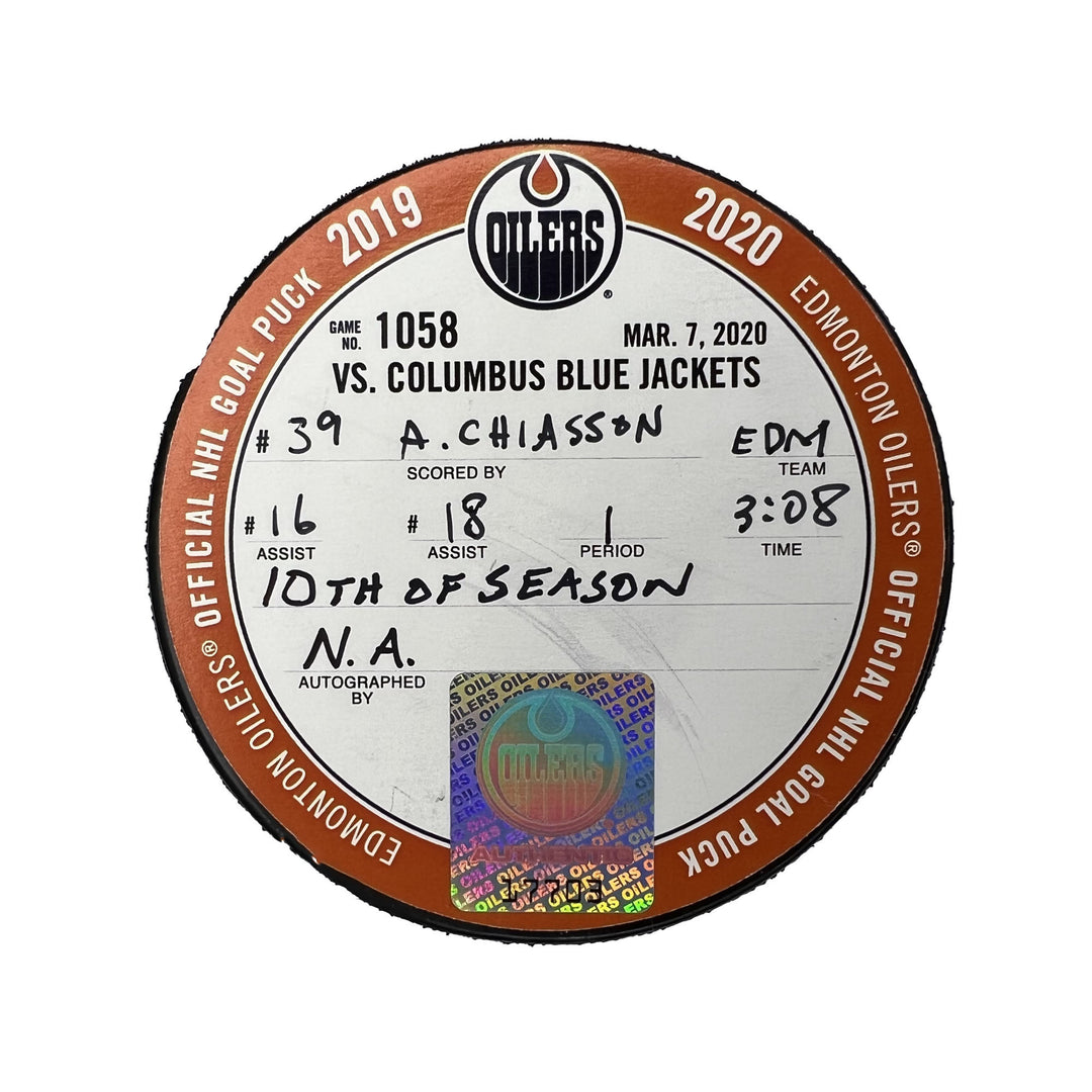 Alex Chiasson Edmonton Oilers Goal Puck - Mar. 7/2020 vs Columbus Blue Jackets