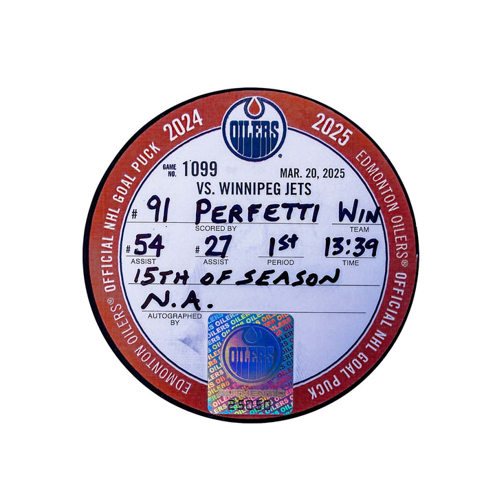 Cole Perfetti Winnipeg Jets Goal Puck - Mar. 20/2025 vs Edmonton Oilers #25050