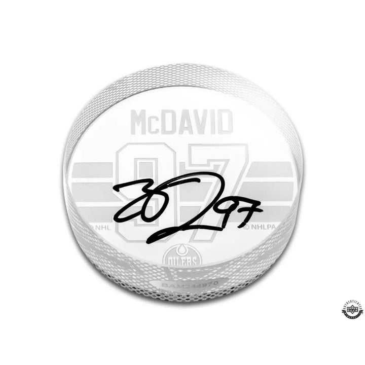Connor McDavid Edmonton Oilers Autographed Sand Carved Clear Crystal Hockey Puck