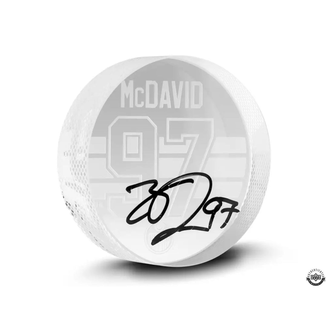 Connor McDavid Edmonton Oilers Autographed Sand Carved Clear Crystal Hockey Puck