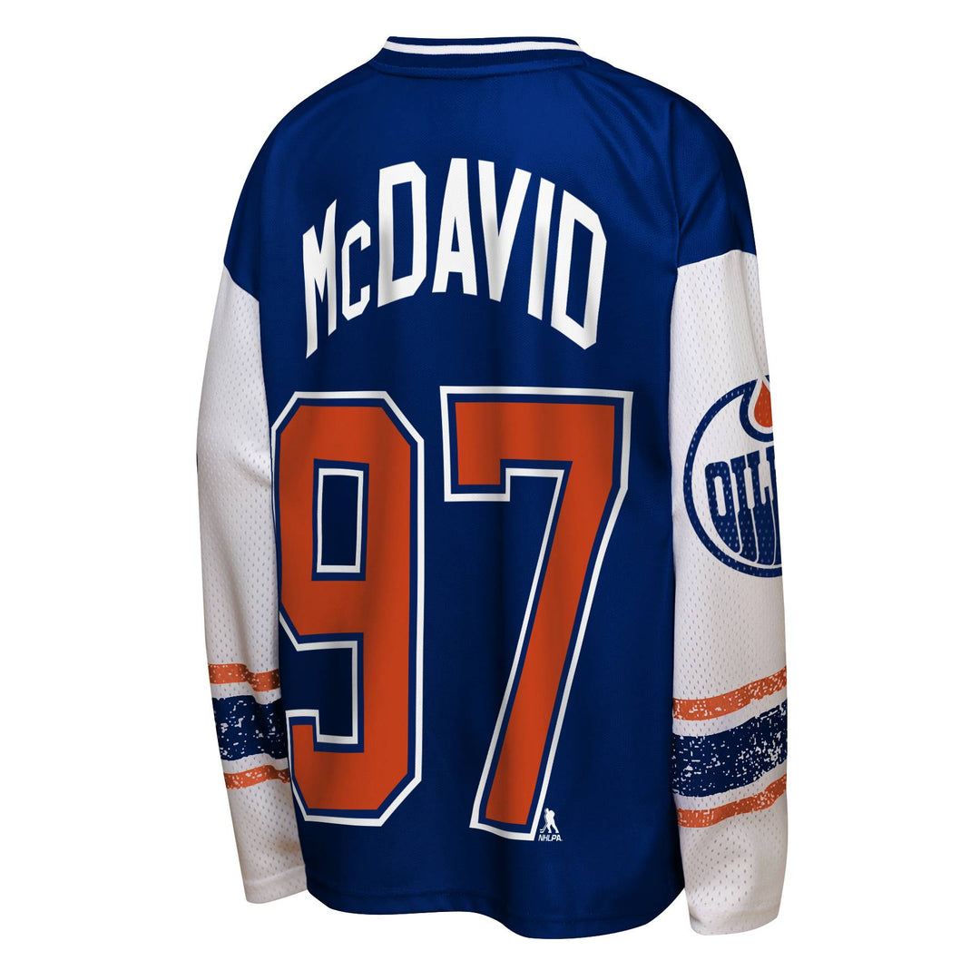 Connor McDavid Edmonton Oilers Youth Outerstuff White & Blue Long Sleeve Jersey Shirt