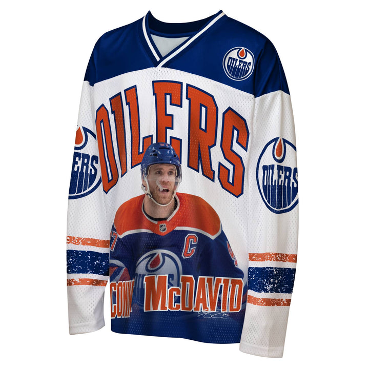 Connor McDavid Edmonton Oilers Youth Outerstuff White & Blue Long Sleeve Jersey Shirt