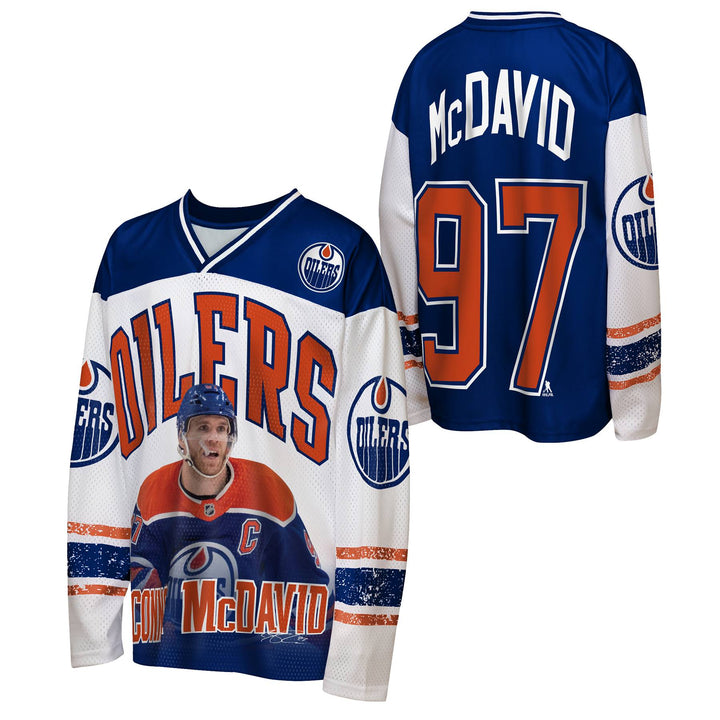 Connor McDavid Edmonton Oilers Youth Outerstuff White & Blue Long Sleeve Jersey Shirt