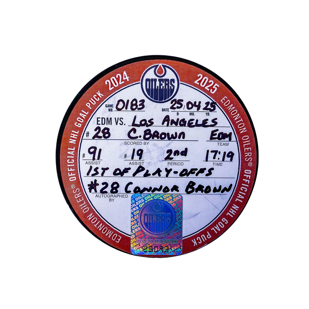 Connor Brown Edmonton Oilers Autographed Playoff Goal Puck - Apr. 25/2025 vs Los Angeles Kings #25091