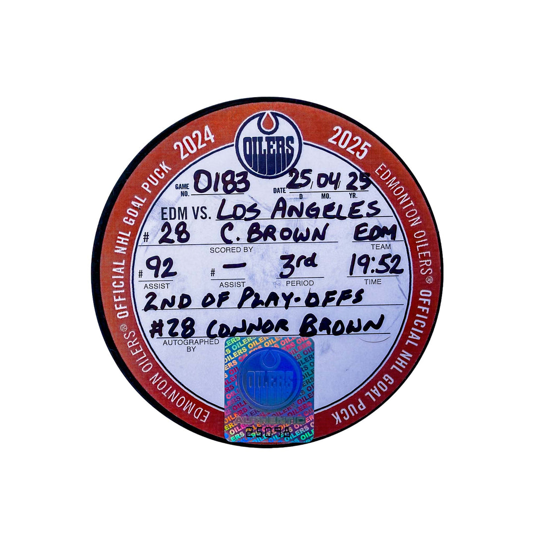 Connor Brown Edmonton Oilers Autographed Playoff Goal Puck - Apr. 25/2025 vs Los Angeles Kings #25098