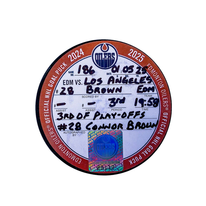 Connor Brown Edmonton Oilers Autographed Playoff Goal Puck - May. 5/2025 vs Los Angeles Kings #25112