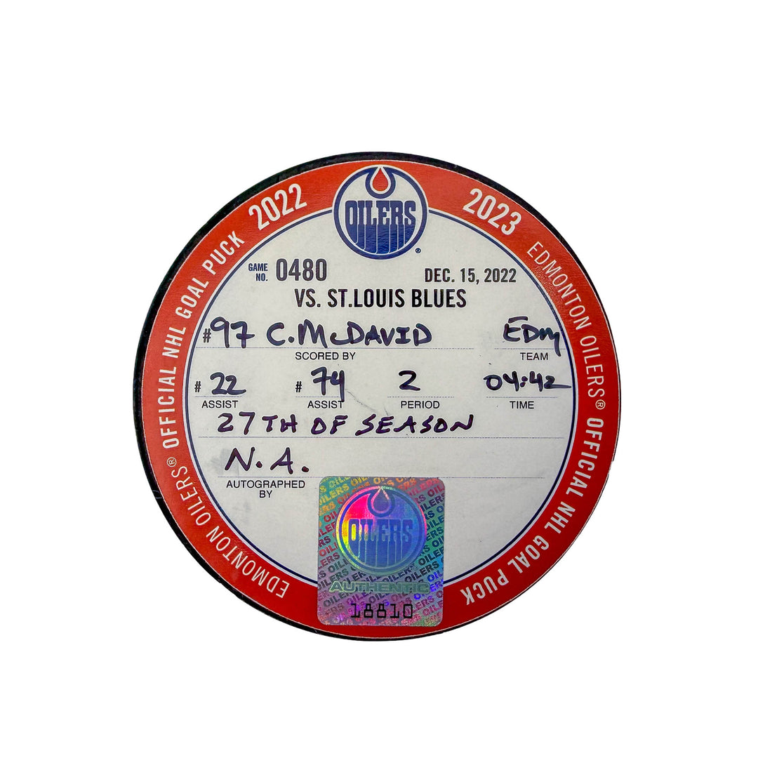 Connor McDavid Edmonton Oilers Goal Puck - Dec. 15/2022 vs St. Louis Blues #18810