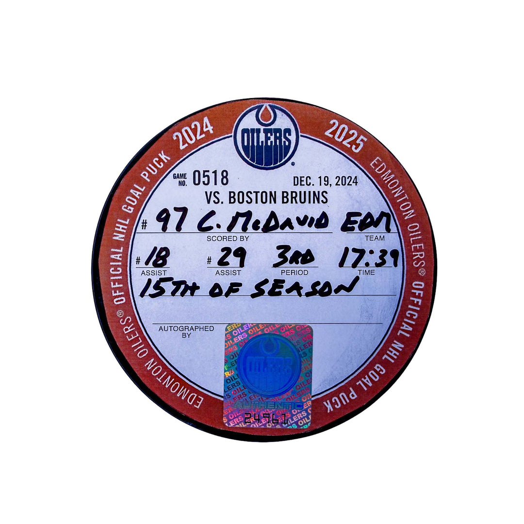 Connor McDavid Edmonton Oilers Goal Puck - Dec. 19/2024 vs Boston Bruins #24961