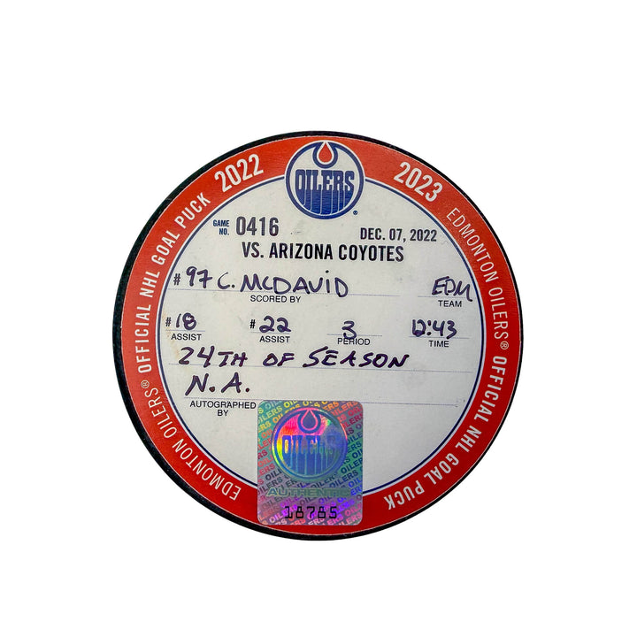 Connor McDavid Edmonton Oilers Goal Puck - Dec. 7/2022 vs Arizona Coyotes #18785