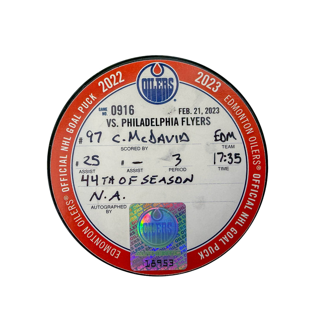 Connor McDavid Edmonton Oilers Goal Puck - Feb. 21/2023 vs Philadelphia Flyers #18953