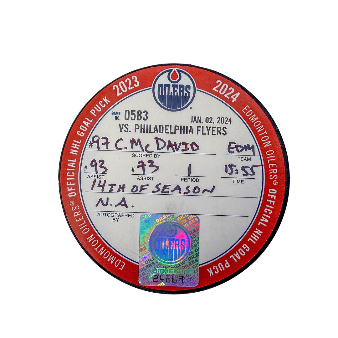 Connor McDavid Edmonton Oilers Goal Puck - Jan. 2/2023 vs Philadelphia Flyers #24269