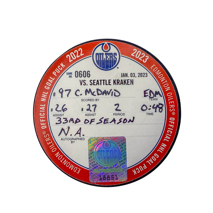 Connor McDavid Edmonton Oilers Goal Puck - Jan. 3/2023 vs Seattle Kraken #18851