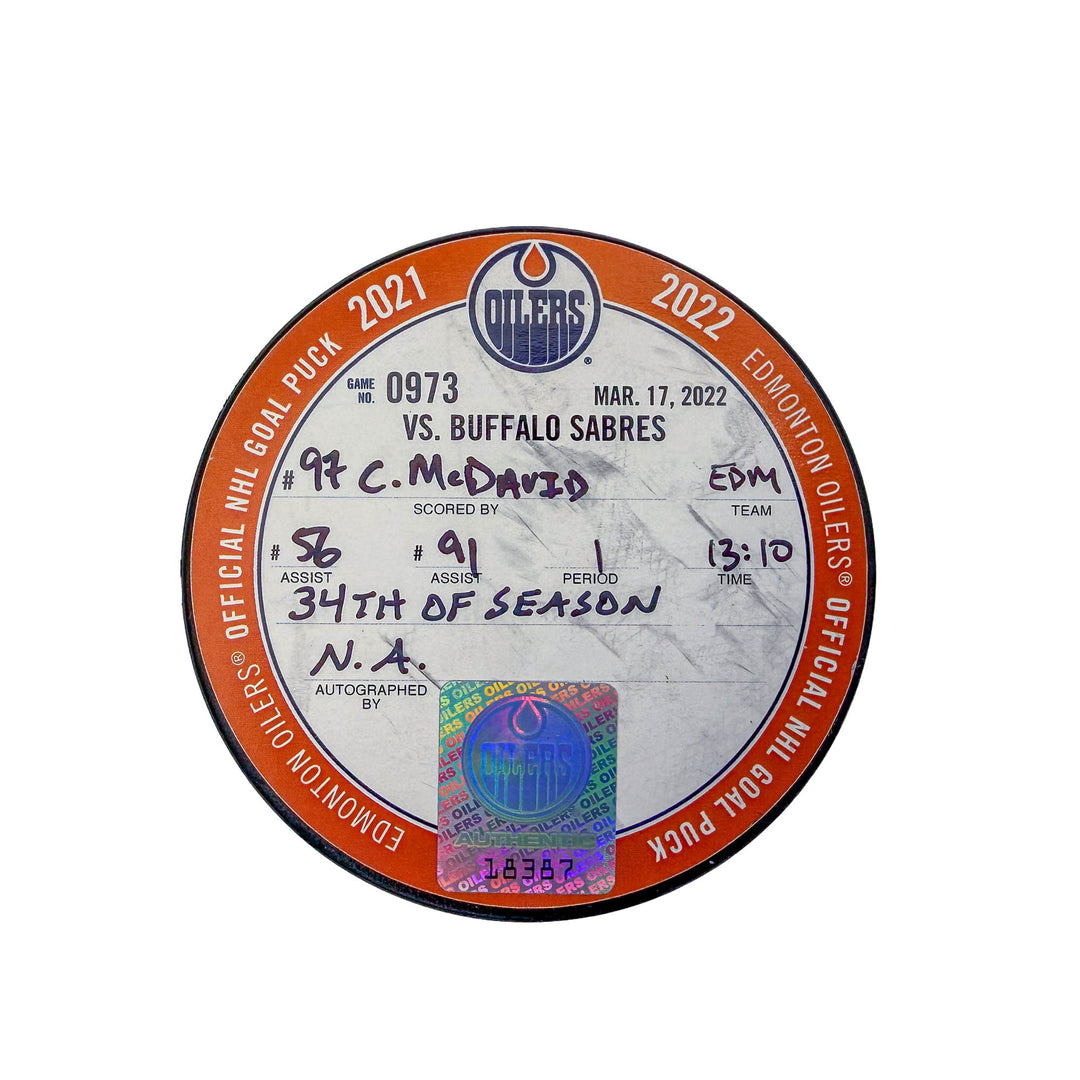 Connor McDavid Edmonton Oilers Goal Puck - Mar. 17/2022 vs Buffalo Sabres #18387