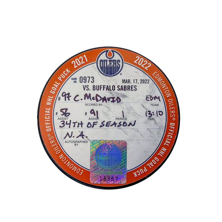 Connor McDavid Edmonton Oilers Goal Puck - Mar. 17/2022 vs Buffalo Sabres #18387