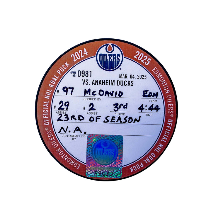 Connor McDavid Edmonton Oilers Goal Puck - Mar. 4/2025 vs Anaheim Ducks #25030