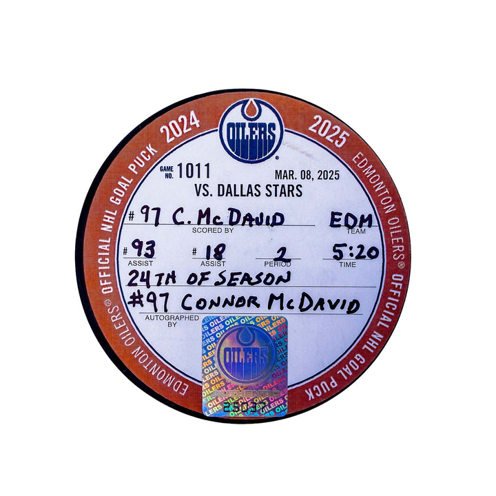 Connor McDavid Edmonton Oilers Goal Puck - Mar. 8/2025 vs Dallas Stars #25037
