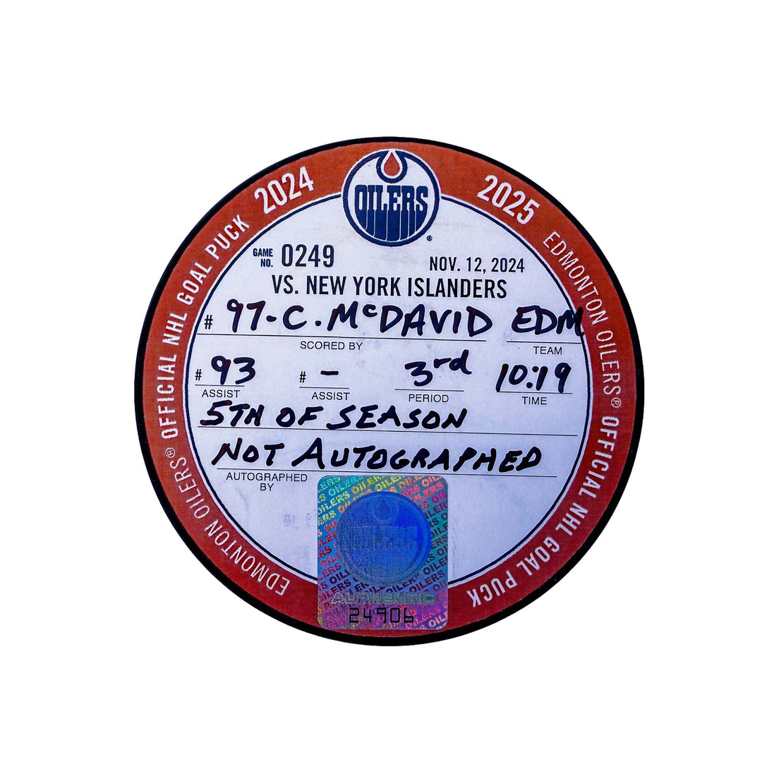 Connor McDavid Edmonton Oilers Goal Puck - Nov. 12/2024 vs New York Islanders #24906