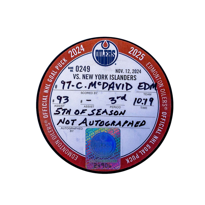 Connor McDavid Edmonton Oilers Goal Puck - Nov. 12/2024 vs New York Islanders #24906