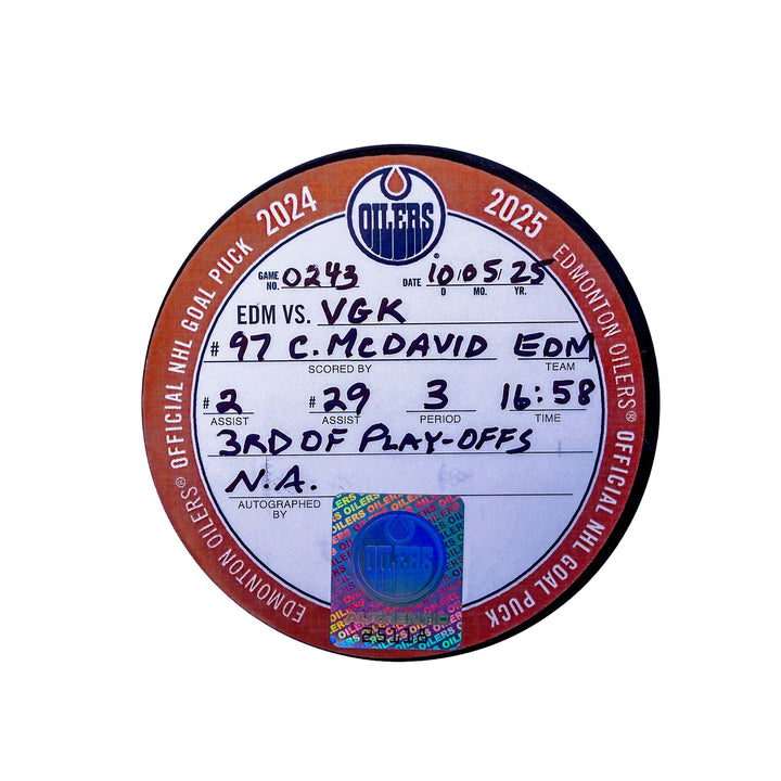 Connor McDavid Edmonton Oilers Playoff Goal Puck - May. 10/2025 vs Vegas Golden Knights #25118