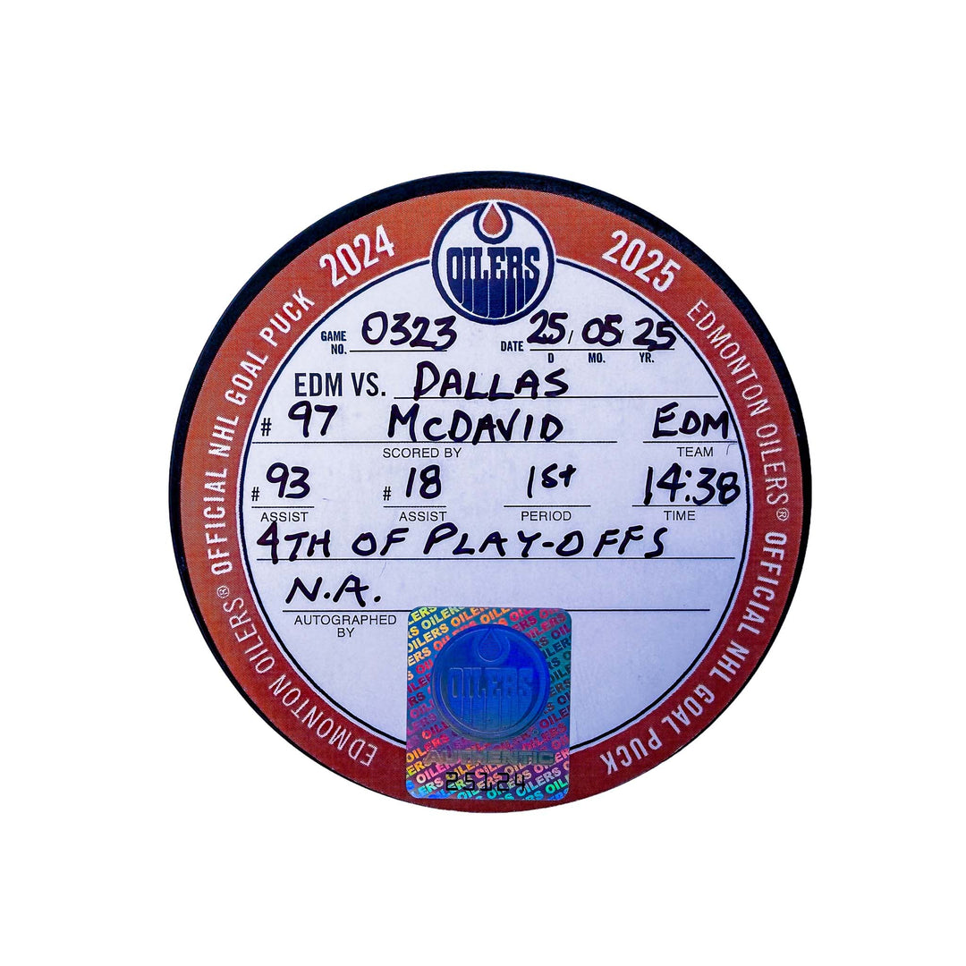 Connor McDavid Edmonton Oilers Playoff Goal Puck - May. 25/2025 vs Dallas Stars #25124