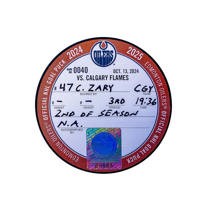 Connor Zary Calgary Flames Goal Puck - Oct. 13/2024 vs Edmonton Oilers #24888