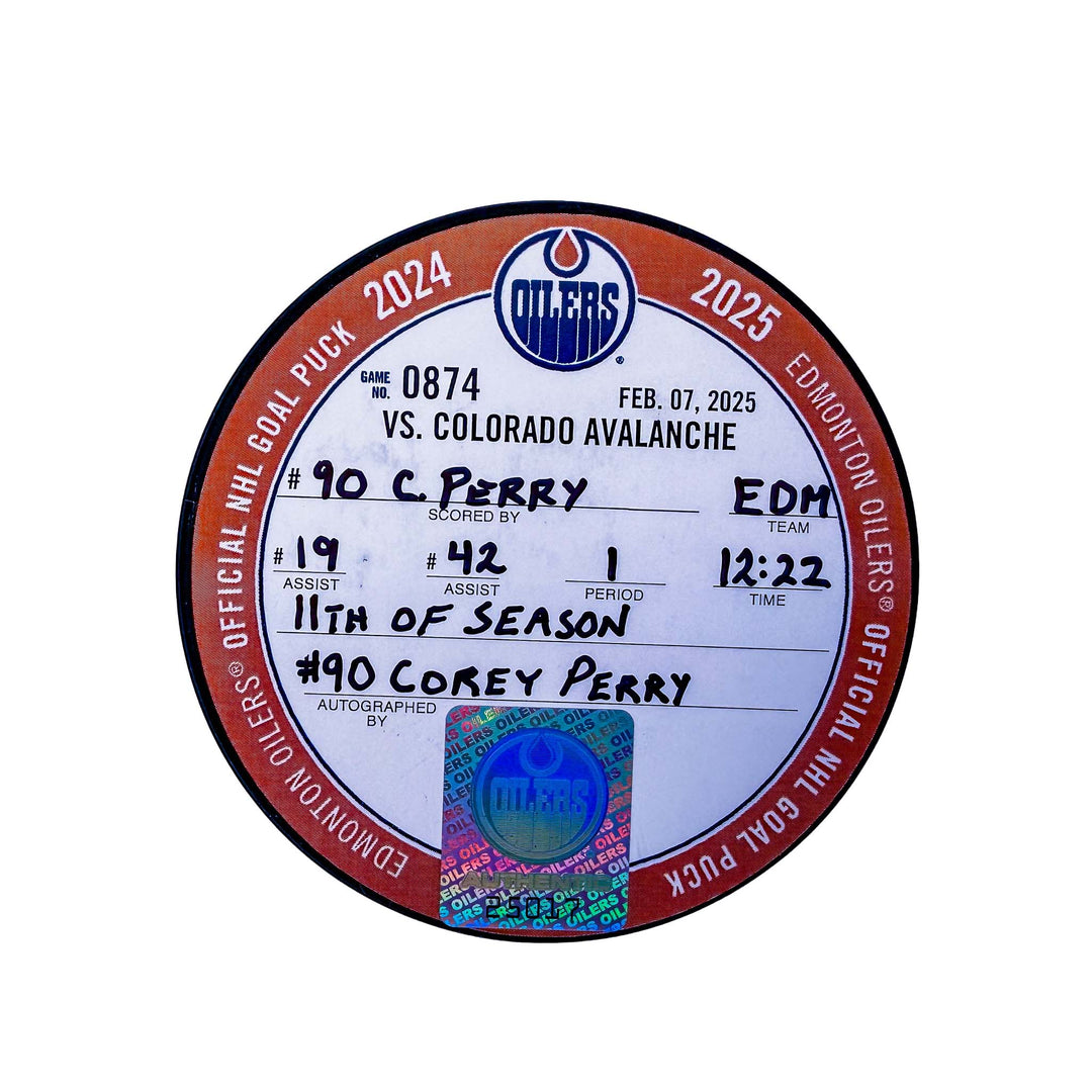 Corey Perry Edmonton Oilers Autographed Goal Puck - Feb. 7/2025 vs Colorado Avalanche #25017
