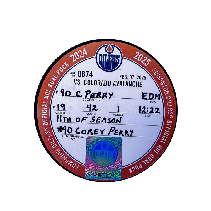 Corey Perry Edmonton Oilers Autographed Goal Puck - Feb. 7/2025 vs Colorado Avalanche #25017