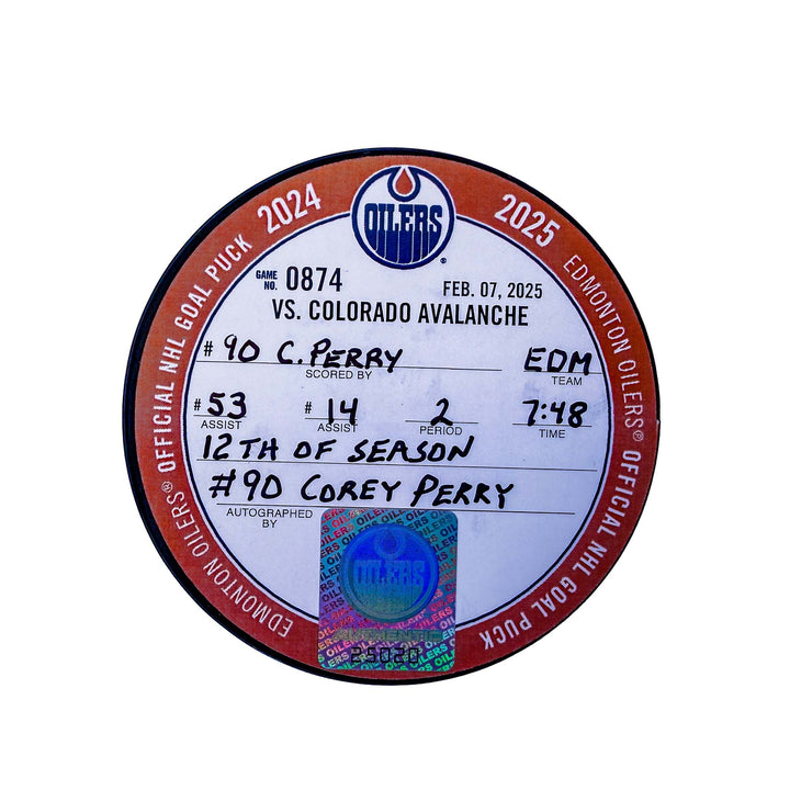 Corey Perry Edmonton Oilers Autographed Goal Puck - Feb. 7/2025 vs Colorado Avalanche #25020