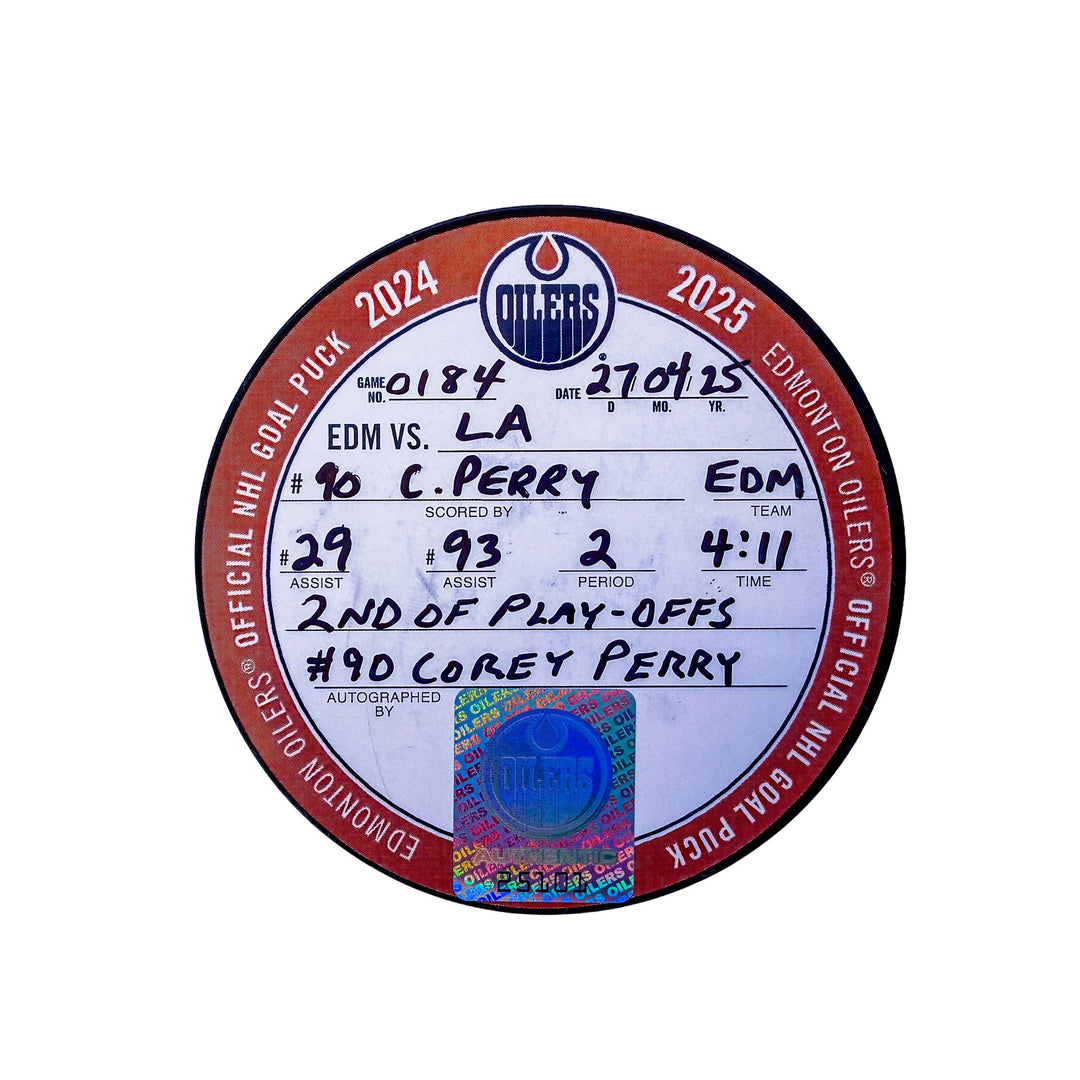 Corey Perry Edmonton Oilers Autographed Playoff Goal Puck - Apr. 27/2025 vs Los Angeles Kings #25101