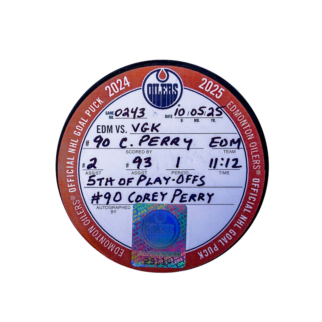 Corey Perry Edmonton Oilers Autographed Playoff Goal Puck - May. 10/2025 vs Vegas Golden Knights #25114