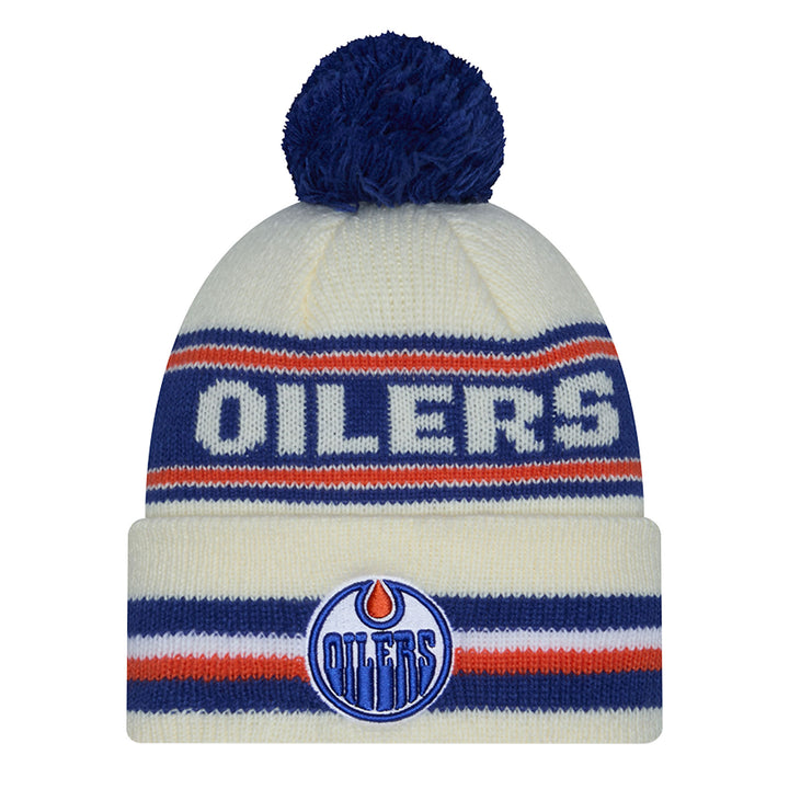 Edmonton Oilers Kids New Era Cream Classic Cuffed Knit Toque w/ Pom