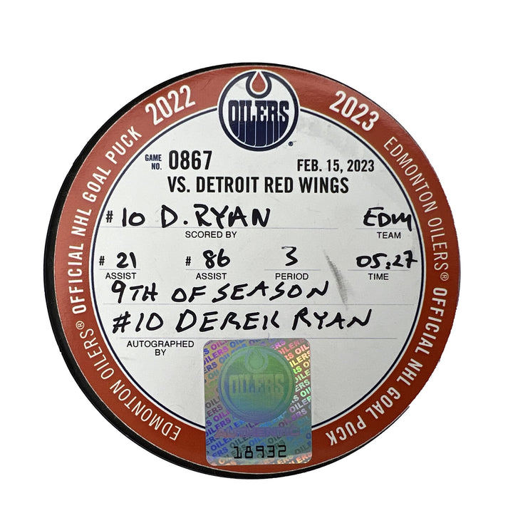 Derek Ryan Edmonton Oilers Autographed Goal Puck - Feb. 13/2023 vs Detroit Red Wings #18932