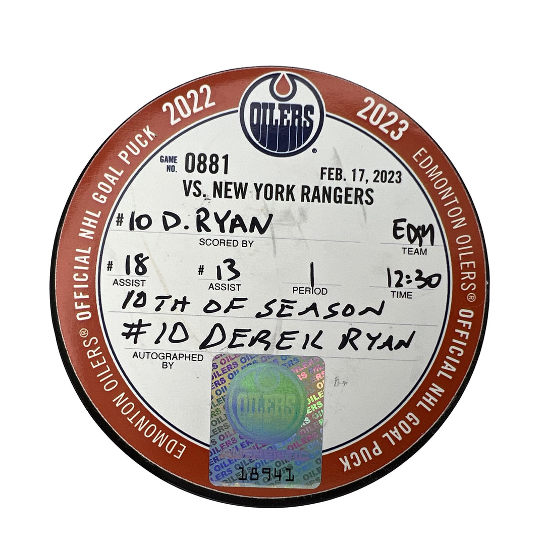 Derek Ryan Edmonton Oilers Autographed Goal Puck - Feb. 17/2023 vs New York Rangers #18941