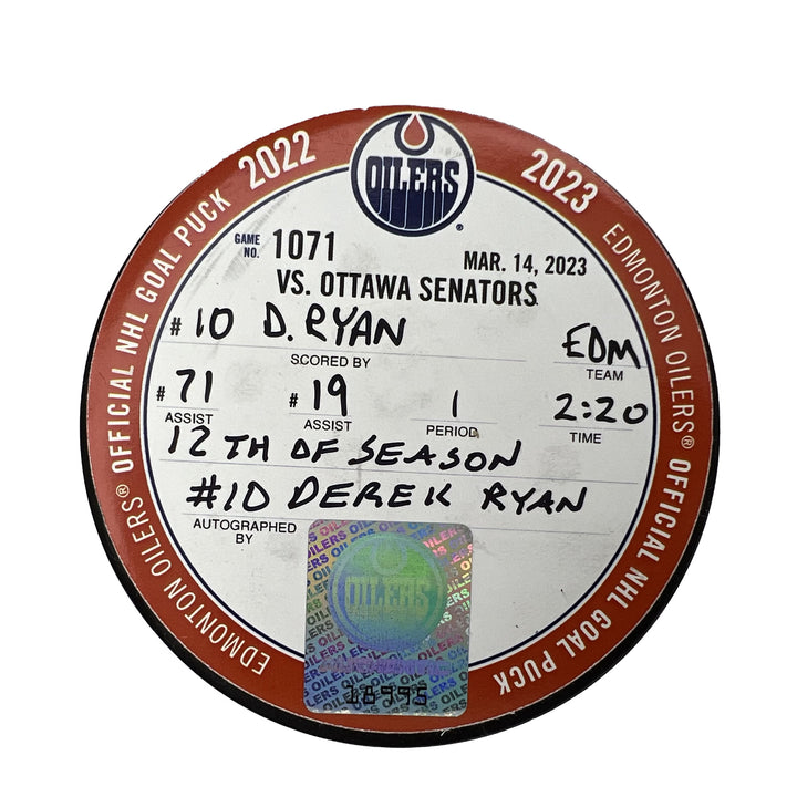 Derek Ryan Edmonton Oilers Autographed Goal Puck - Mar. 14/2023 vs Ottawa Senators #18995