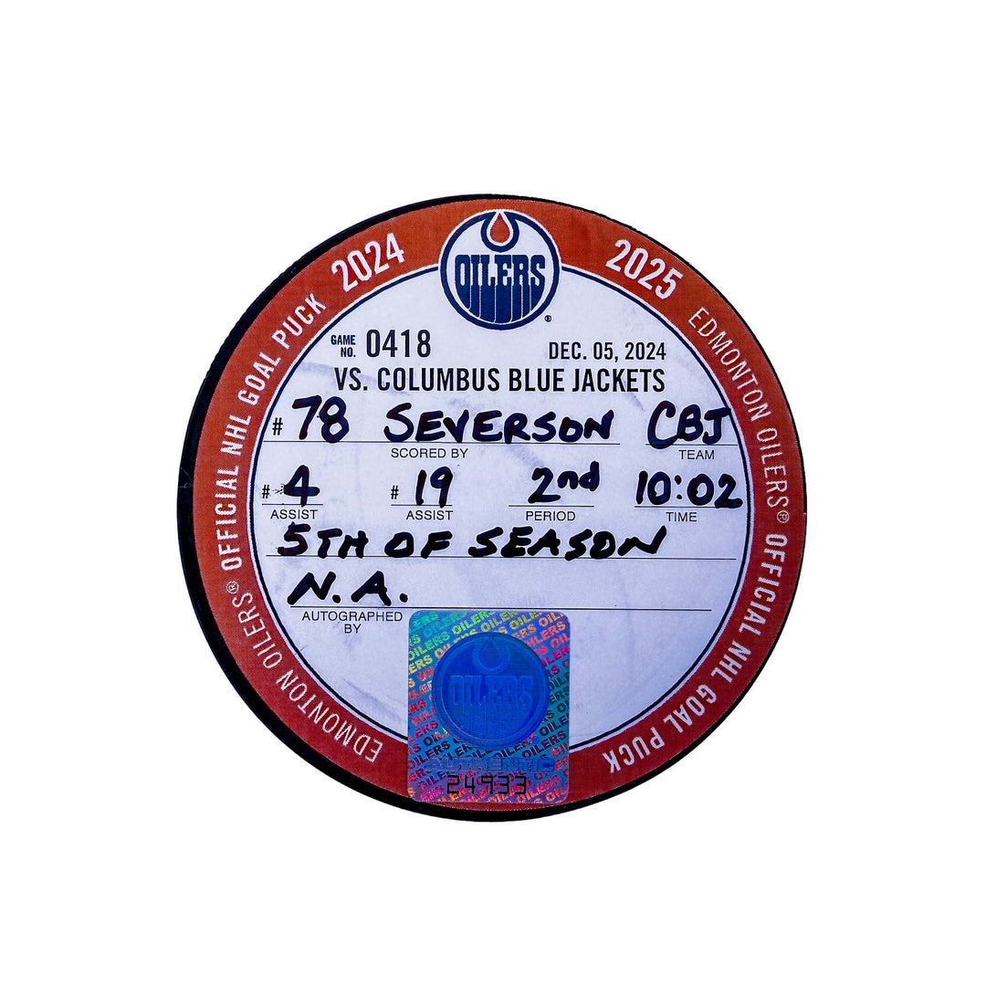 Damon Severson Columbus Blue Jackets Goal Puck - Dec. 5/2024 vs Edmonton Oilers #24933