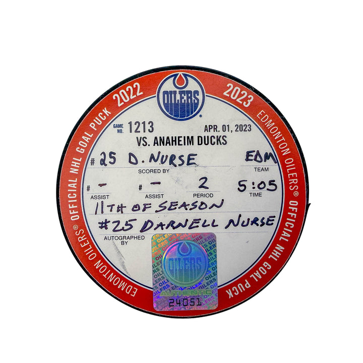 Darnell Nurse Edmonton Oilers Autographed Goal Puck - Apr. 1/2023 vs Anaheim Ducks #24051