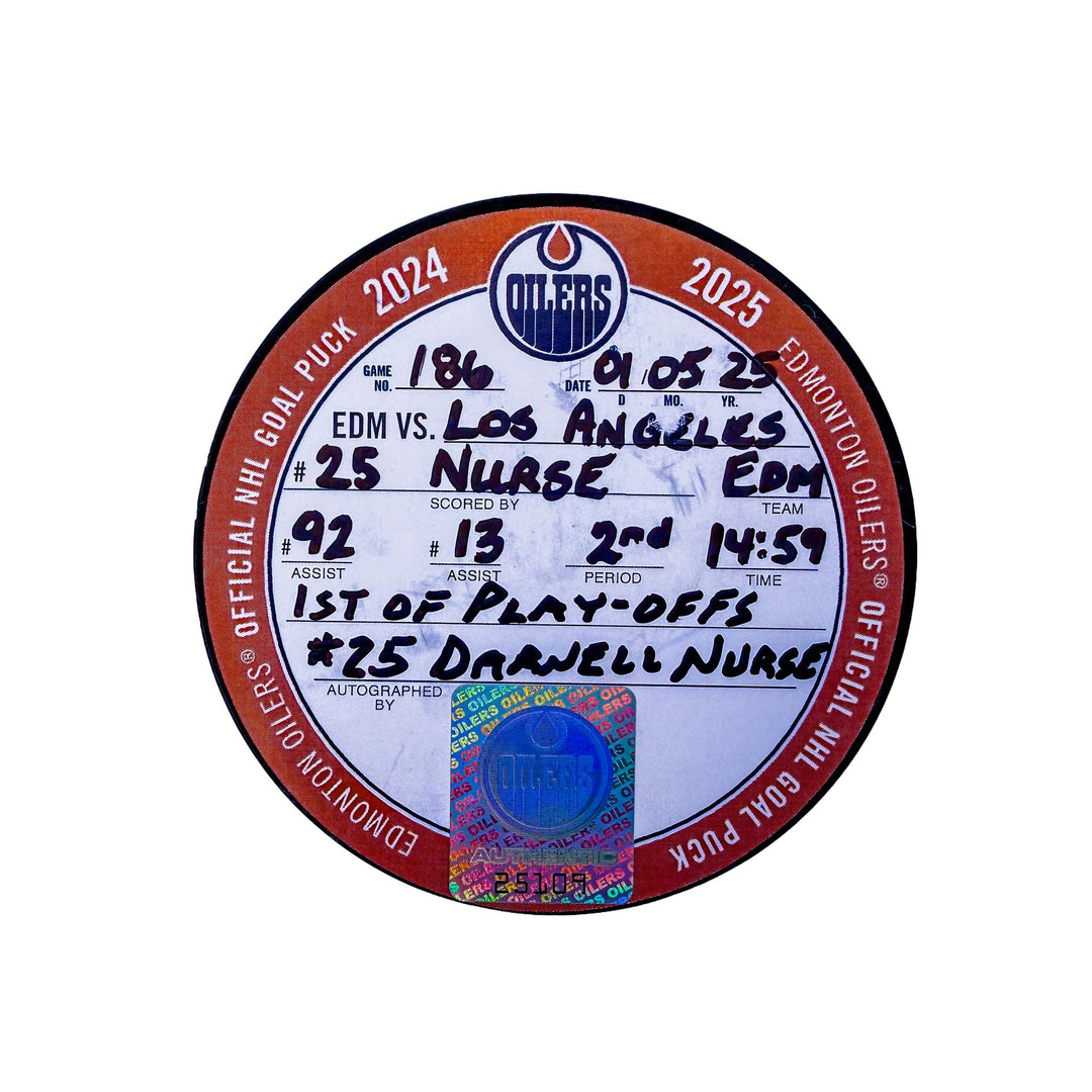 Darnell Nurse Edmonton Oilers Autographed Playoff Goal Puck - May. 5/2025 vs Los Angeles Kings #25109