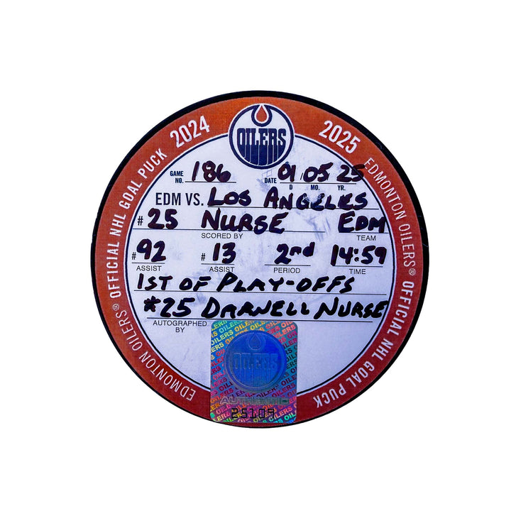 Darnell Nurse Edmonton Oilers Autographed Playoff Goal Puck - May. 5/2025 vs Los Angeles Kings #25109